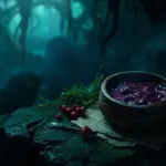 Mossberry stew prepared on a wooden bowl inside the Mosshome area of Hollow Knight: Silksong