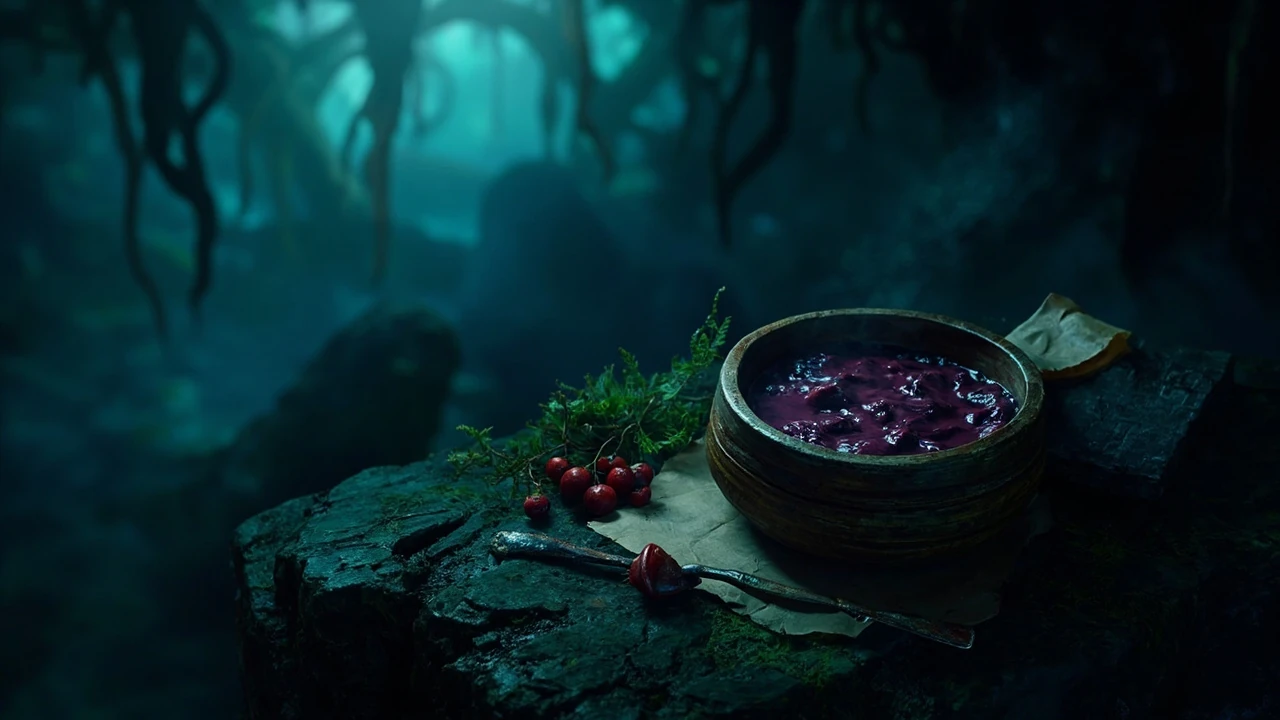 Mossberry stew prepared on a wooden bowl inside the Mosshome area of Hollow Knight: Silksong